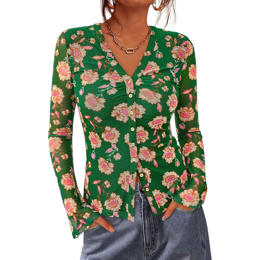 imageBTFBM Button Down Shirts for Women 2026 Spring Boho Tops V Neck Long Sleeve Blouses Ruched Mesh Fitted Fall FashionGreen