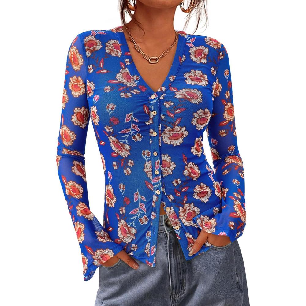 imageBTFBM Button Down Shirts for Women 2026 Spring Boho Tops V Neck Long Sleeve Blouses Ruched Mesh Fitted Fall FashionRoyal Blue