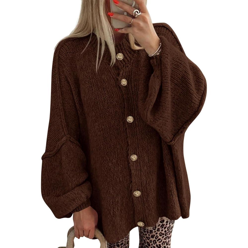 imageBTFBM Cardigan Sweaters for Women 2025 Fall Clothes Lantern Long Sleeve Button Open Front Chunky Knit Oversized SweaterBrown