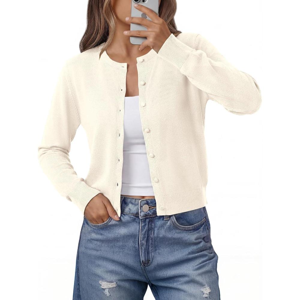 imageBTFBM Cardigan Sweaters for Women Cashmere Sweater Lightweight Button Down Casual Knit Shrugs Tops Early Fall FashionBeige White