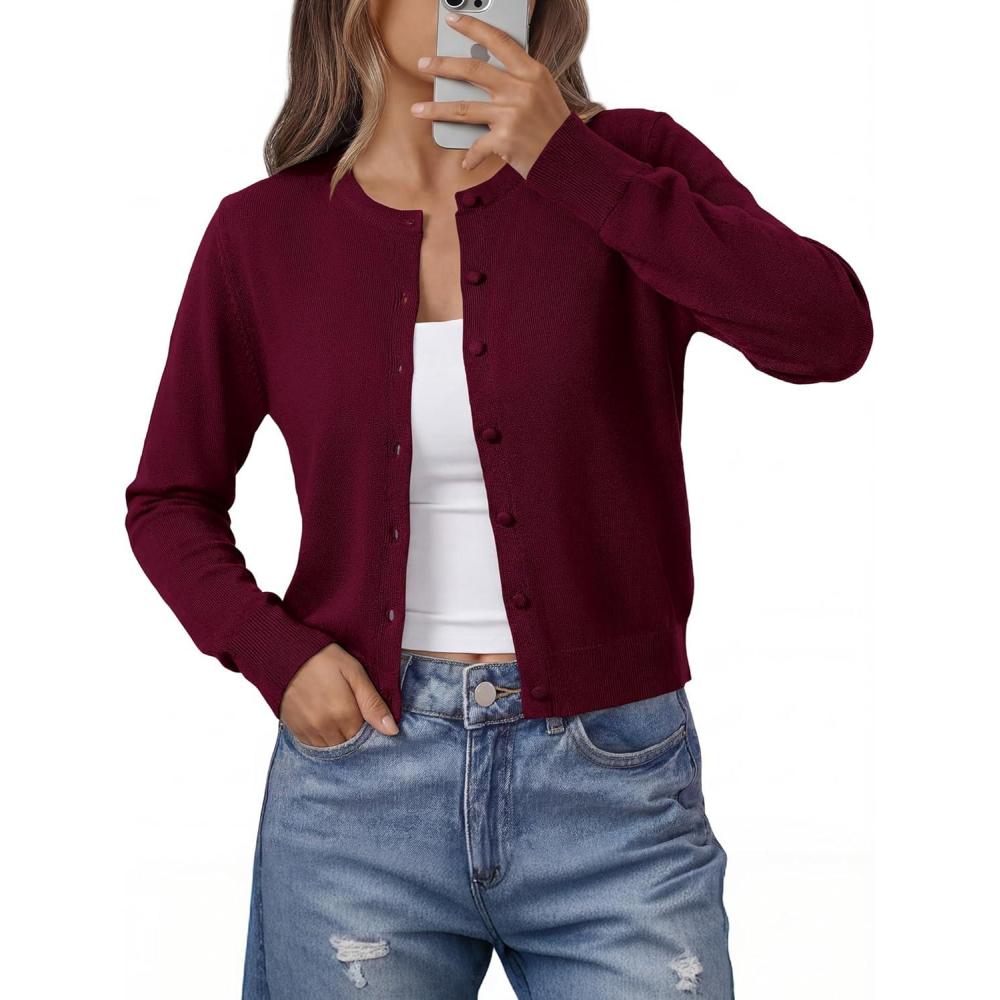 imageBTFBM Cardigan Sweaters for Women Cashmere Sweater Lightweight Button Down Casual Knit Shrugs Tops Early Fall FashionBurgundy