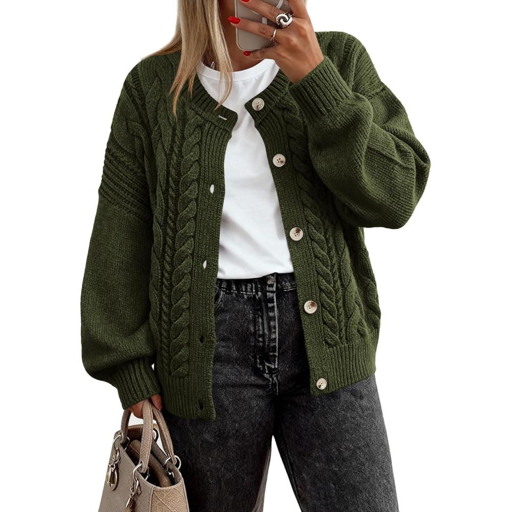 imageBTFBM Chunky Cardigan Sweaters for Women Fall Fashion 2025 Button Long Sleeve Loose Cable Knit Winter Coats OuterwearArmy Green
