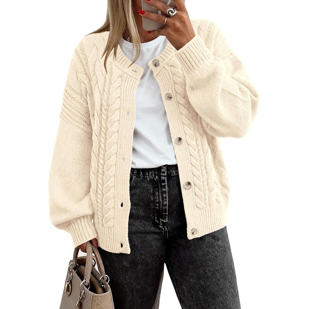imageBTFBM Chunky Cardigan Sweaters for Women Fall Fashion 2025 Button Long Sleeve Loose Cable Knit Winter Coats OuterwearBeige White