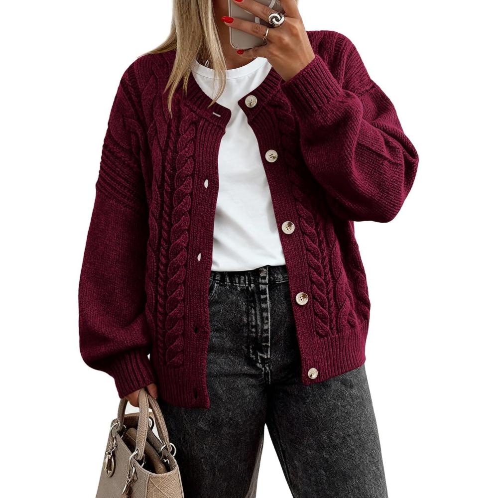 imageBTFBM Chunky Cardigan Sweaters for Women Fall Fashion 2025 Button Long Sleeve Loose Cable Knit Winter Coats OuterwearBurgundy
