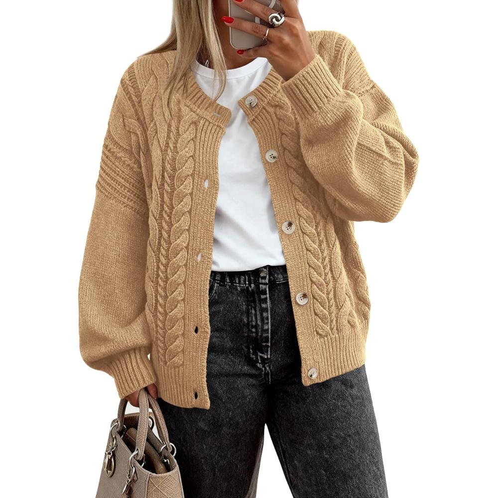 imageBTFBM Chunky Cardigan Sweaters for Women Fall Fashion 2025 Button Long Sleeve Loose Cable Knit Winter Coats OuterwearKhaki