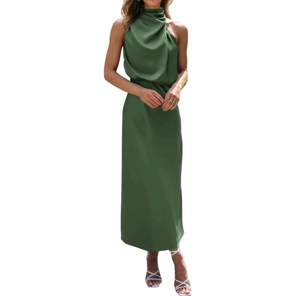 imageBTFBM Cocktail Dresses for Women Sleeveless Mock Neck Keyhole High Waist Maxi Wedding Guest Dress Spring Clothes 2026Army Green