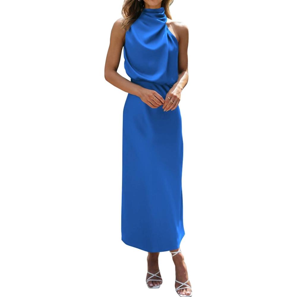 imageBTFBM Cocktail Dresses for Women Sleeveless Mock Neck Keyhole High Waist Maxi Wedding Guest Dress Spring Clothes 2026Brilliant Blue