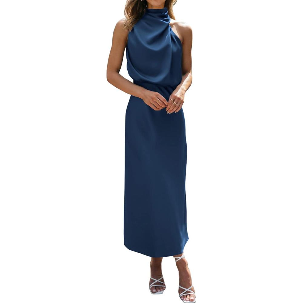 imageBTFBM Cocktail Dresses for Women Sleeveless Mock Neck Keyhole High Waist Maxi Wedding Guest Dress Spring Clothes 2026Dark Blue