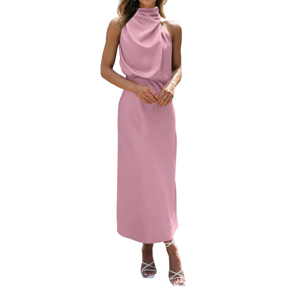 imageBTFBM Cocktail Dresses for Women Sleeveless Mock Neck Keyhole High Waist Maxi Wedding Guest Dress Spring Clothes 2026Dusty Pink