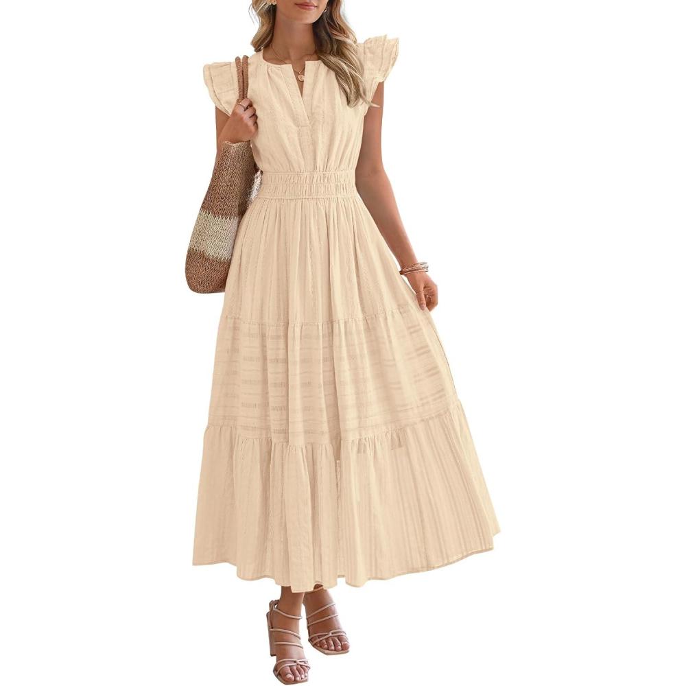 imageBTFBM Dresses for Women Spring 2026 Maxi Casual Dress Flutter Short Sleeve V Neck Elastic Waist Boho Beach Vacation PocketsApricot
