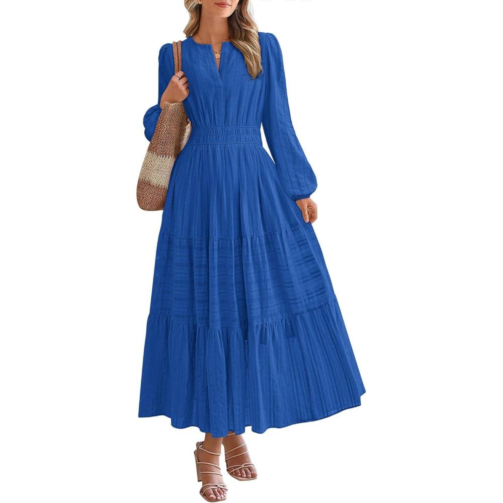 imageBTFBM Fall Dresses for Women 2025 Casual Long Sleeve V Neck Elastic Waist Lightweight Maxi Wedding Guest Dress PocketsBlue