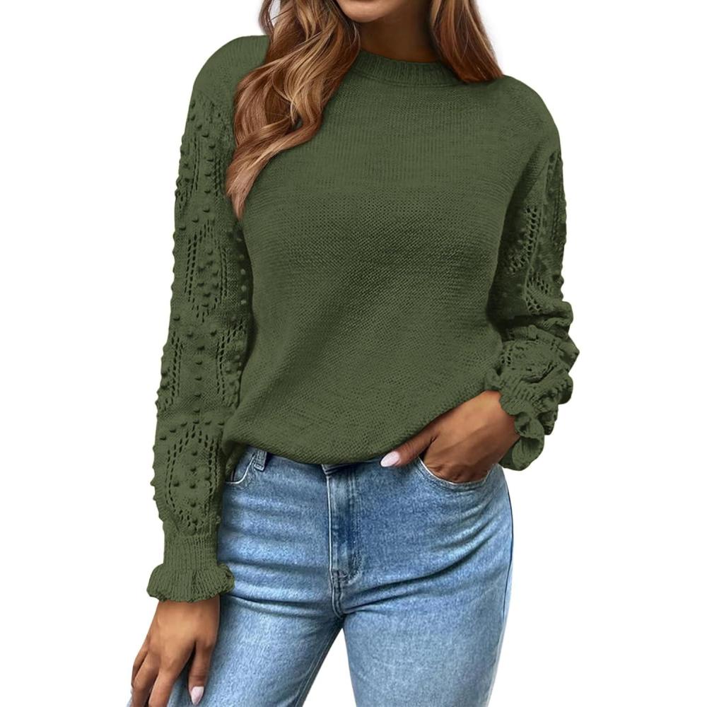imageBTFBM Fall Sweaters for Women 2025 Crew Neck Long Sleeve Hollow Out Swiss Dot Knit Casual Pullover Tops Fashion ClothingArmy Green