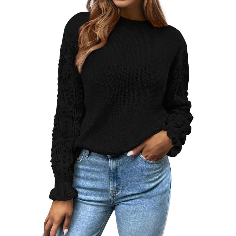 imageBTFBM Fall Sweaters for Women 2025 Crew Neck Long Sleeve Hollow Out Swiss Dot Knit Casual Pullover Tops Fashion ClothingBlack