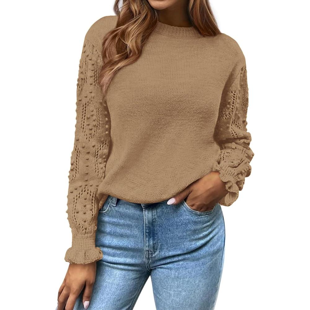imageBTFBM Fall Sweaters for Women 2025 Crew Neck Long Sleeve Hollow Out Swiss Dot Knit Casual Pullover Tops Fashion ClothingKhaki