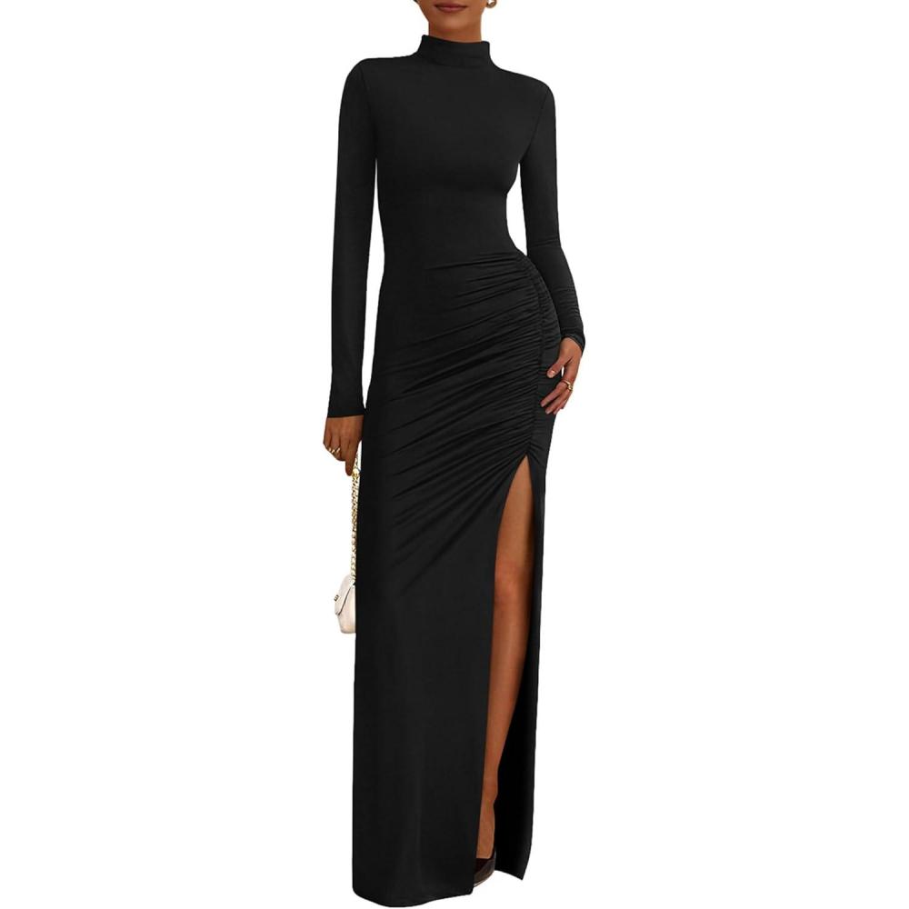 imageBTFBM Formal Dresses for Women 2026 Spring Long Sleeve Mock Neck Ruched Bodycon Slit Maxi Wedding Guest Dress CocktailBlack