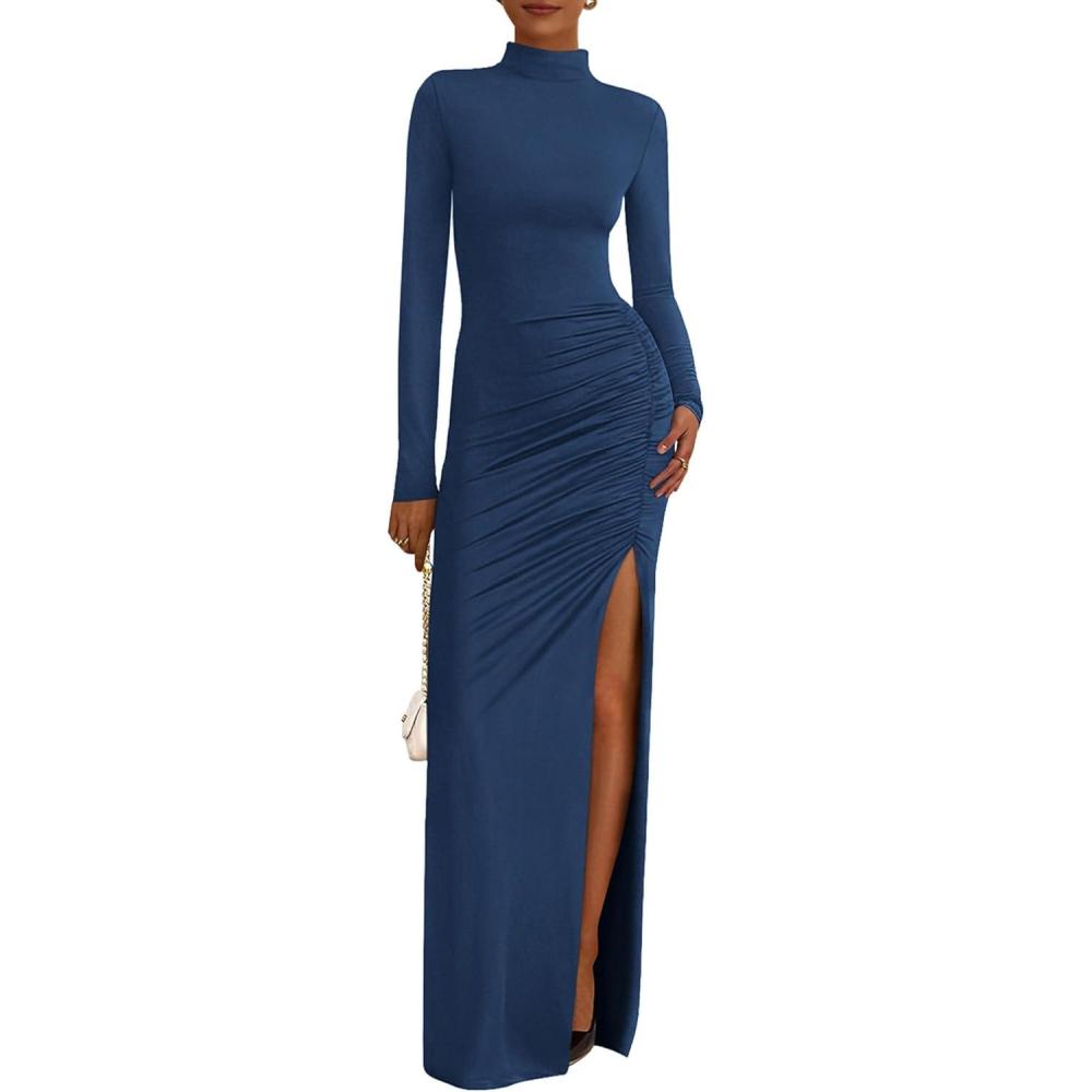 imageBTFBM Formal Dresses for Women 2026 Spring Long Sleeve Mock Neck Ruched Bodycon Slit Maxi Wedding Guest Dress CocktailDark Blue