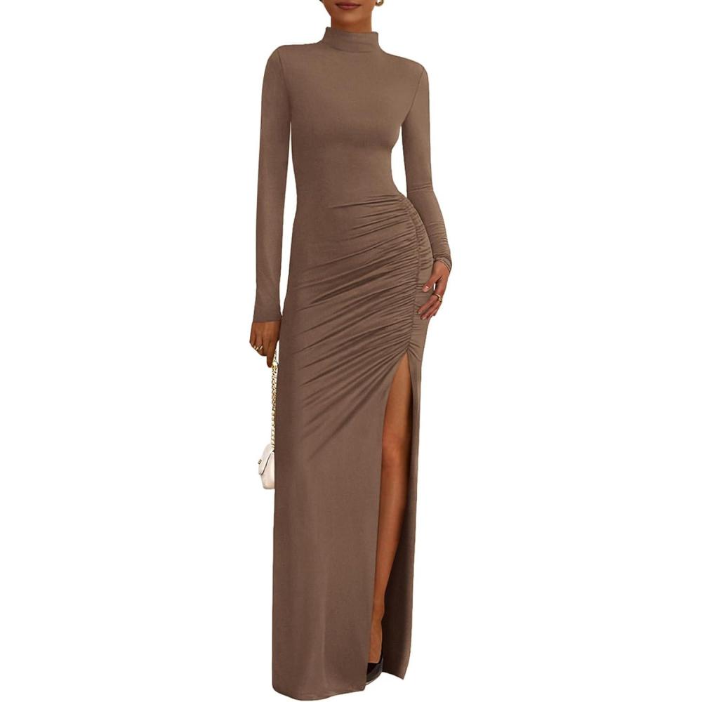 imageBTFBM Formal Dresses for Women 2026 Spring Long Sleeve Mock Neck Ruched Bodycon Slit Maxi Wedding Guest Dress CocktailKhaki
