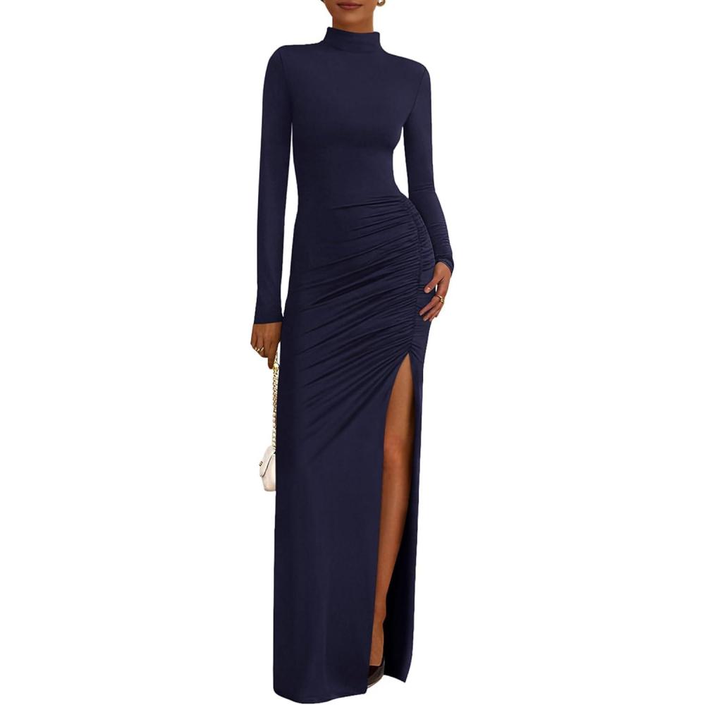 imageBTFBM Formal Dresses for Women 2026 Spring Long Sleeve Mock Neck Ruched Bodycon Slit Maxi Wedding Guest Dress CocktailNavy Blue