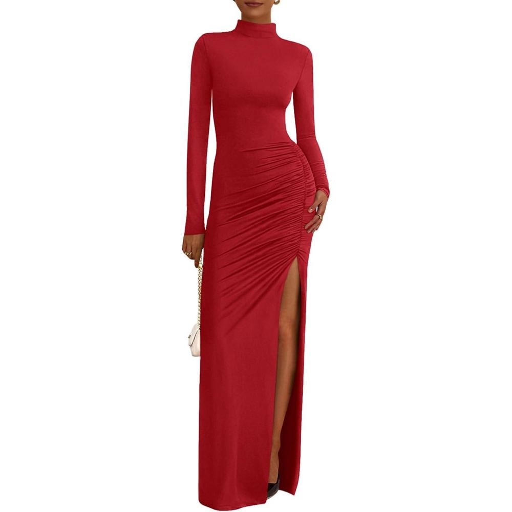 imageBTFBM Formal Dresses for Women 2026 Spring Long Sleeve Mock Neck Ruched Bodycon Slit Maxi Wedding Guest Dress CocktailRed