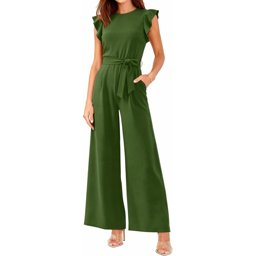 imageBTFBM Jumpsuits For Women 2026 Crew Neck Dressy Cap Sleeve Belted High Waist Wide Leg Romper One Piece Casual Outfits PocketsArmy Green