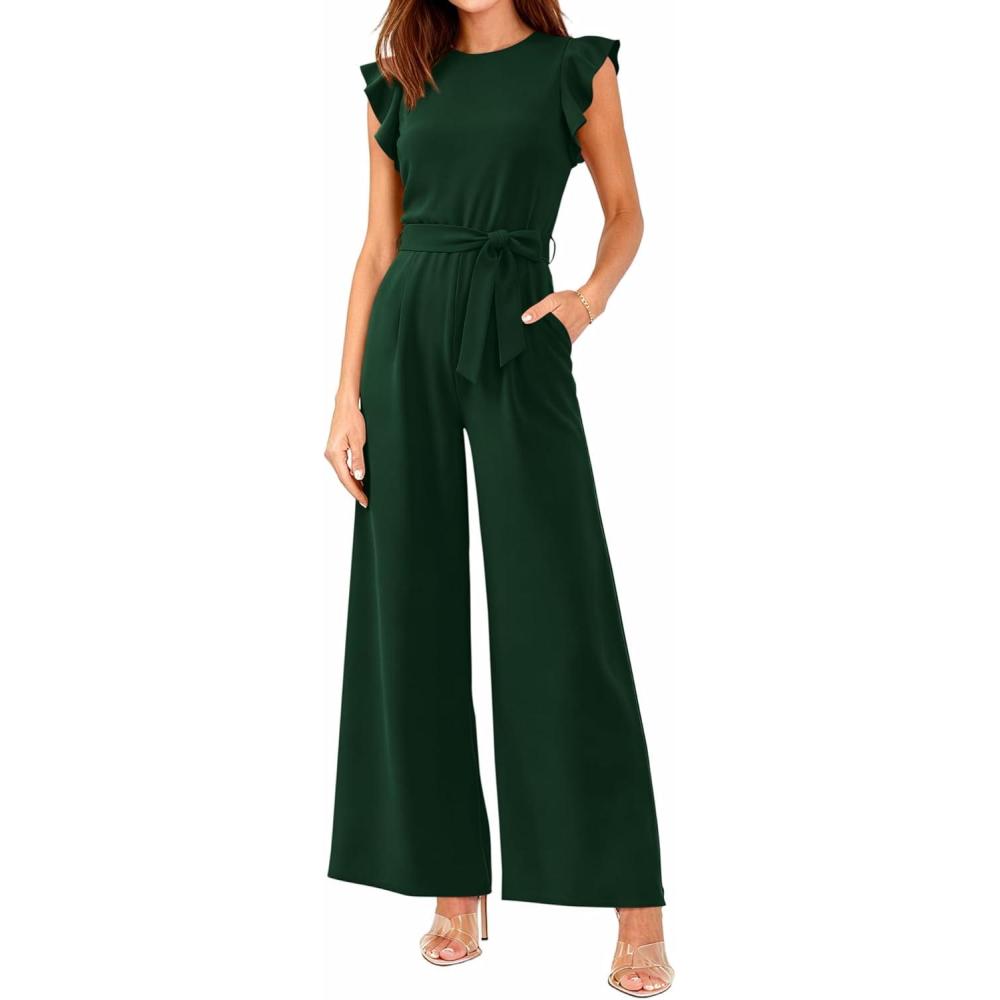 imageBTFBM Jumpsuits For Women 2026 Crew Neck Dressy Cap Sleeve Belted High Waist Wide Leg Romper One Piece Casual Outfits PocketsDark Green
