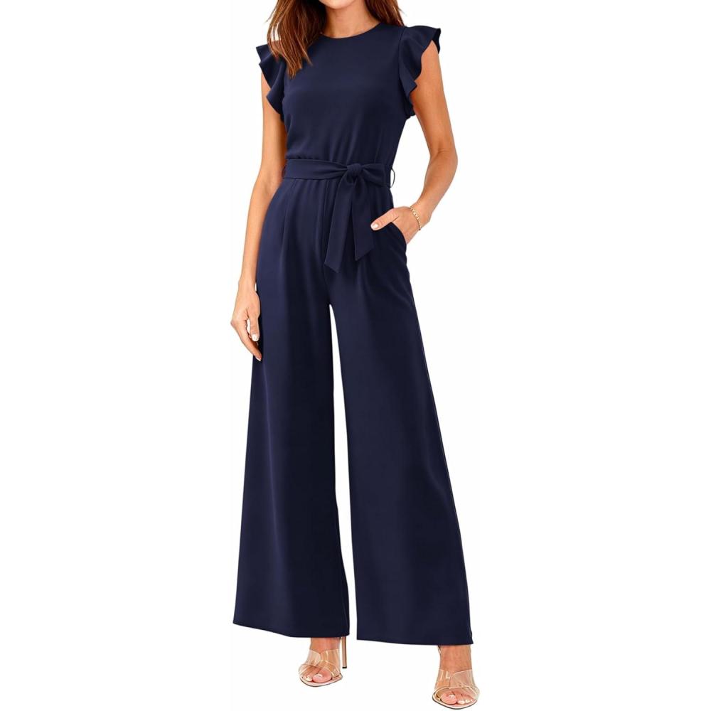 imageBTFBM Jumpsuits For Women 2026 Crew Neck Dressy Cap Sleeve Belted High Waist Wide Leg Romper One Piece Casual Outfits PocketsNavy