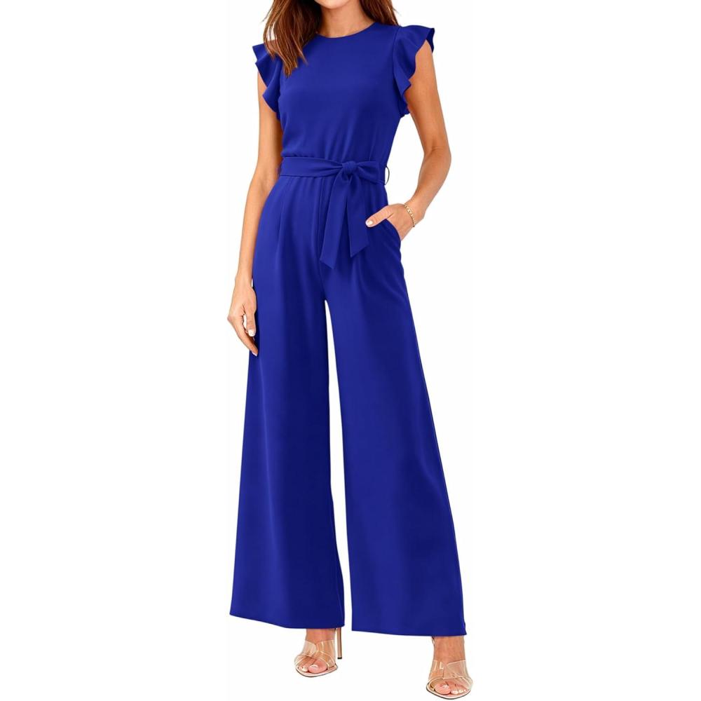 imageBTFBM Jumpsuits For Women 2026 Crew Neck Dressy Cap Sleeve Belted High Waist Wide Leg Romper One Piece Casual Outfits PocketsRoyal Blue