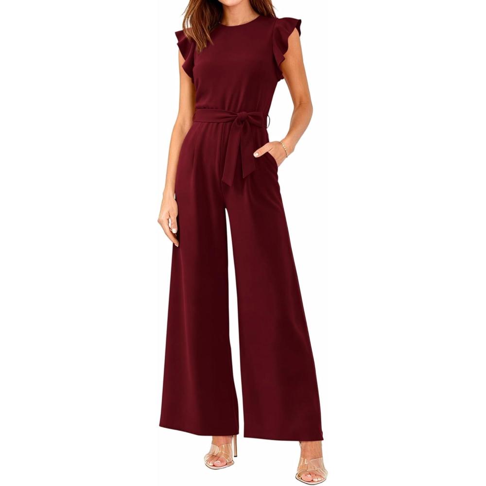 imageBTFBM Jumpsuits For Women 2026 Crew Neck Dressy Cap Sleeve Belted High Waist Wide Leg Romper One Piece Casual Outfits PocketsWine Red