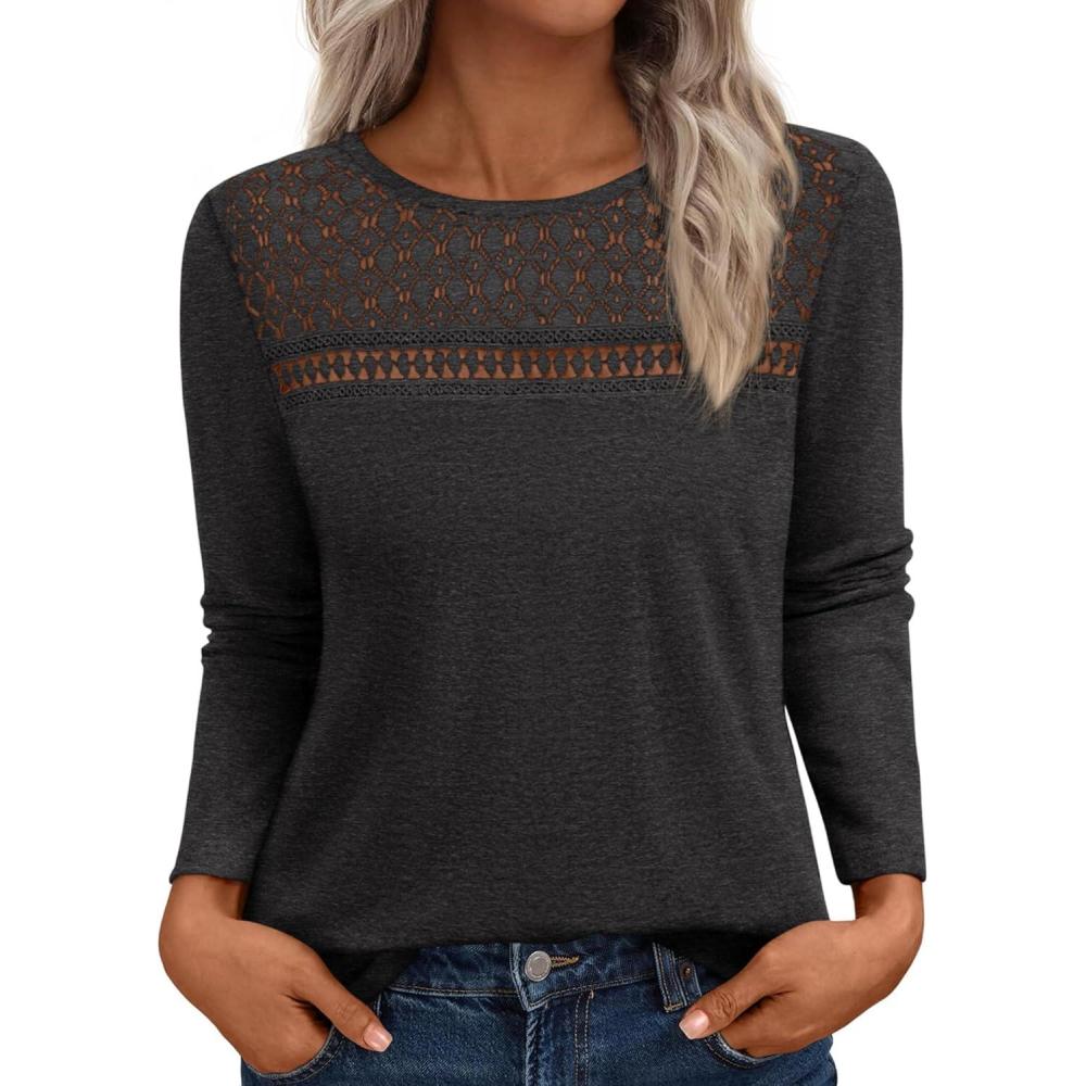 imageBTFBM Lace Long Sleeve Shirts Womens Tops Dressy Casual Knit Boho Lightweight Blouses Winter Clothing Fall FashionDark Grey