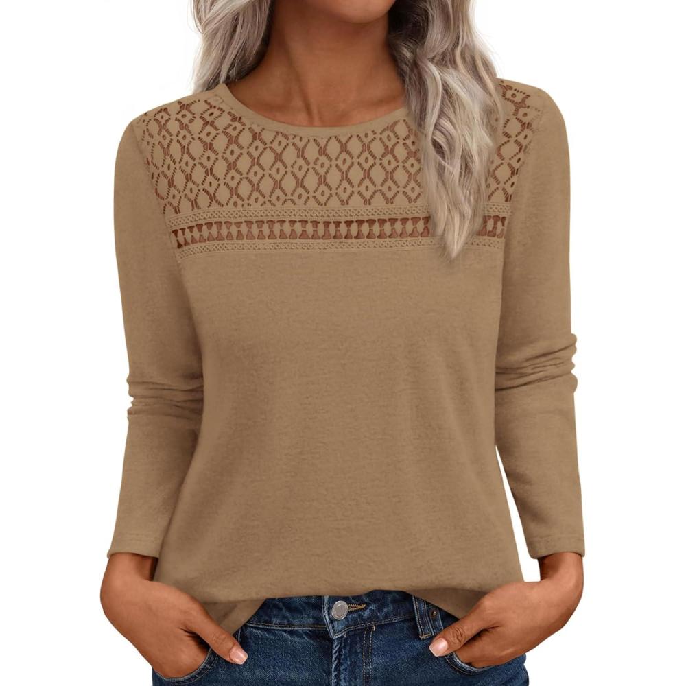 imageBTFBM Lace Long Sleeve Shirts Womens Tops Dressy Casual Knit Boho Lightweight Blouses Winter Clothing Fall FashionKhaki