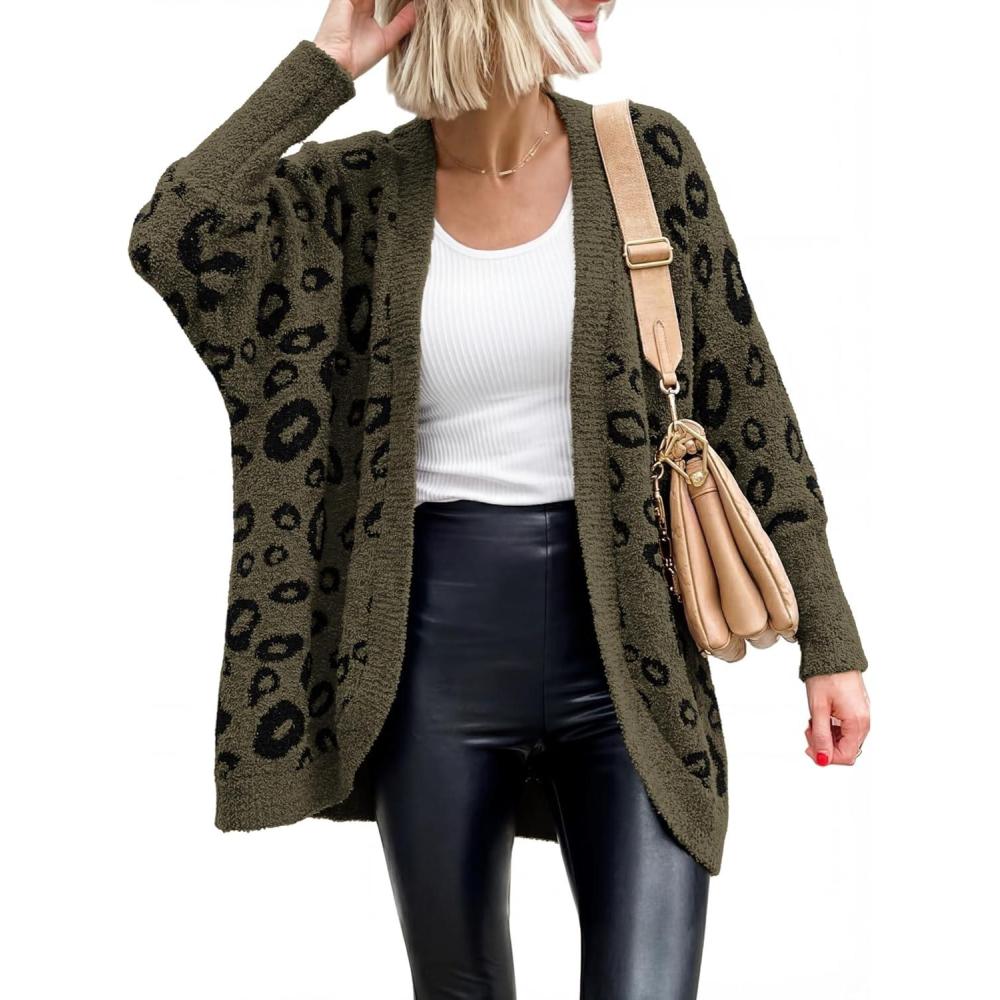 imageBTFBM Leopard Cardigan for Women Long Sleeve Open Front Cardigans Sweaters Pockets Loose Knit 2025 Fall Winter OutwearArmy Green