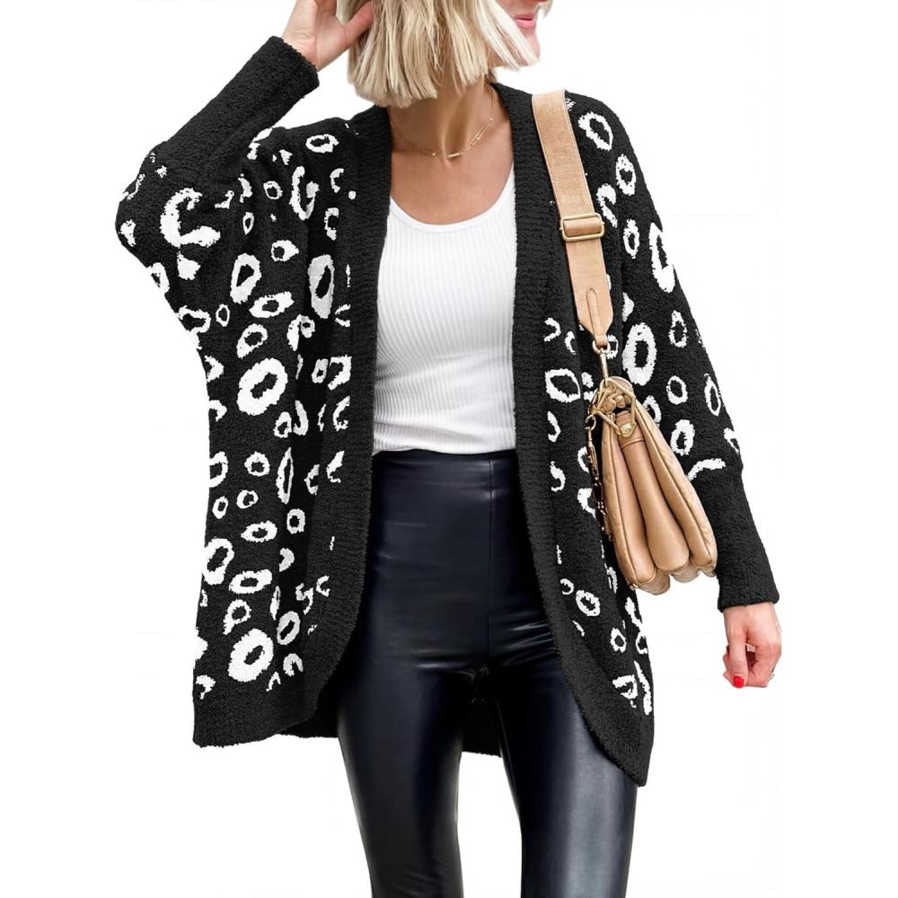imageBTFBM Leopard Cardigan for Women Long Sleeve Open Front Cardigans Sweaters Pockets Loose Knit 2025 Fall Winter OutwearBlack