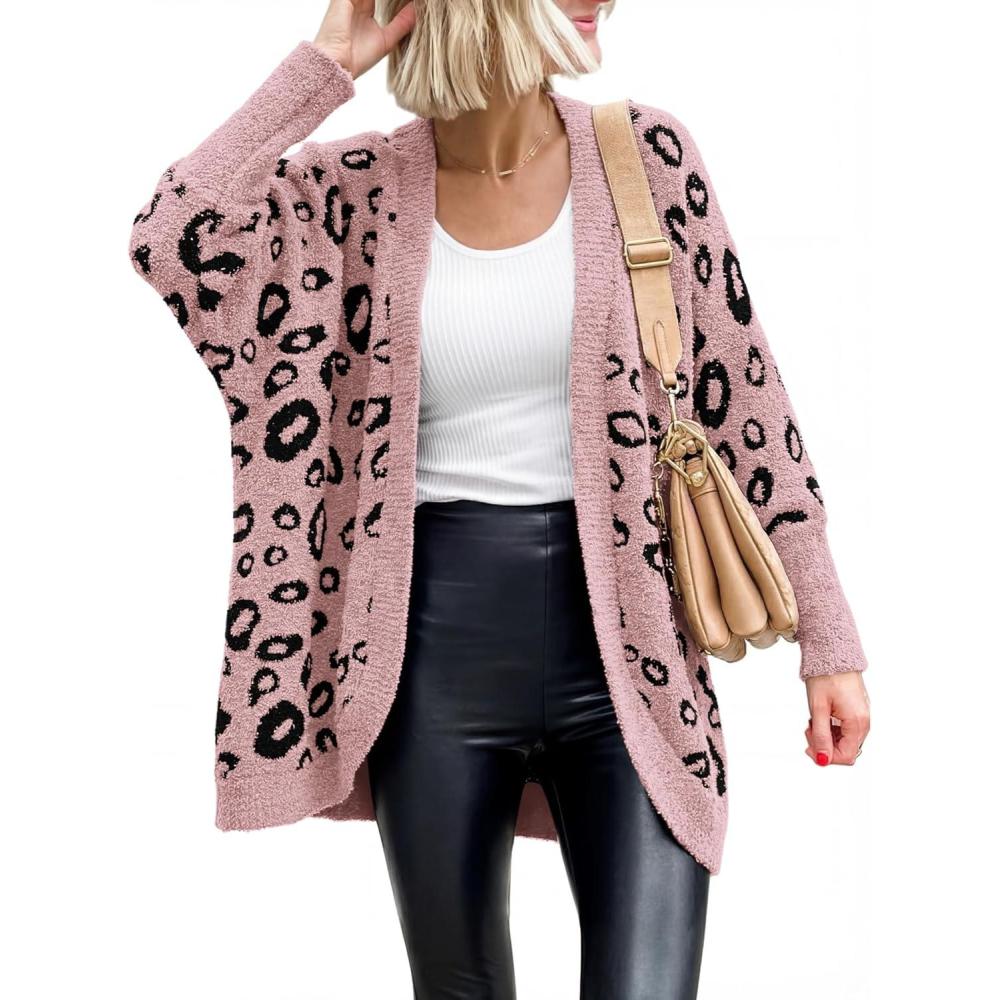 imageBTFBM Leopard Cardigan for Women Long Sleeve Open Front Cardigans Sweaters Pockets Loose Knit 2025 Fall Winter OutwearPink