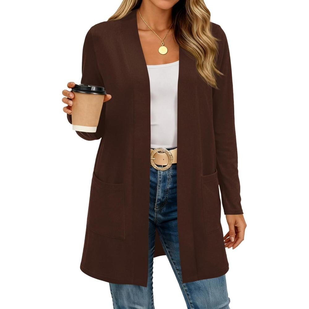 imageBTFBM Long Cardigans for Women Trendy Pockets Spring Clothes 2026 Casual Open Front Lightweight Shawl CardiganBrown