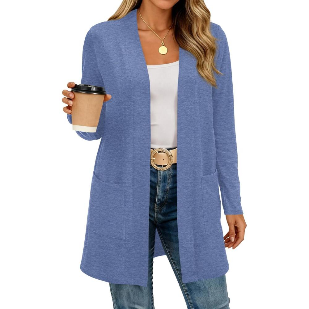 imageBTFBM Long Cardigans for Women Trendy Pockets Spring Clothes 2026 Casual Open Front Lightweight Shawl CardiganGrey Blue