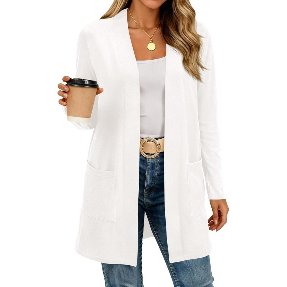 imageBTFBM Long Cardigans for Women Trendy Pockets Spring Clothes 2026 Casual Open Front Lightweight Shawl CardiganWhite