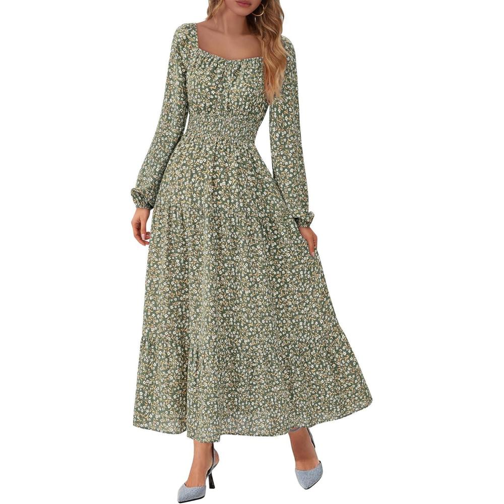 imageBTFBM Long Sleeve Dress for Women 2026 Spring Fall Boho Floral Square Neck Casual Flowy Long Wedding Guest Maxi DressesFloral Army Green