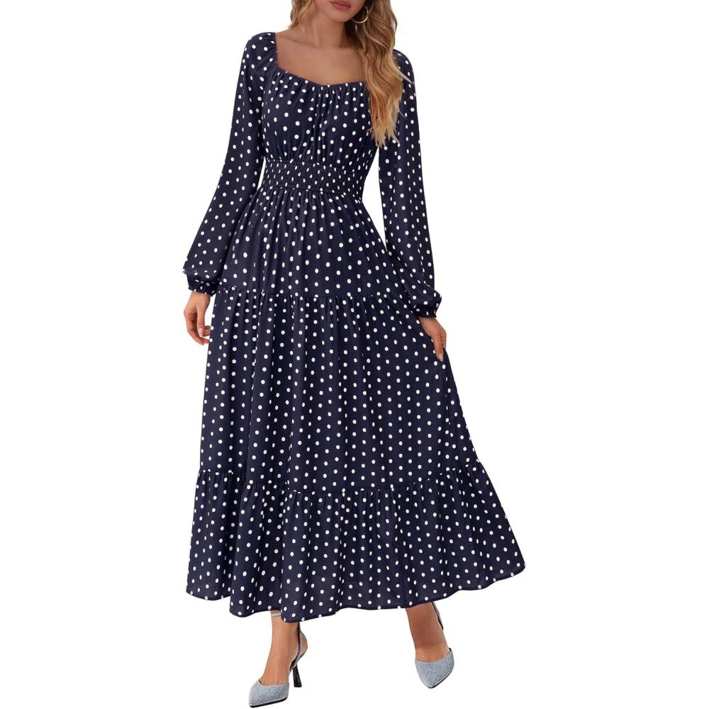 imageBTFBM Long Sleeve Dress for Women 2026 Spring Fall Boho Floral Square Neck Casual Flowy Long Wedding Guest Maxi DressesPolka Dot Blue White