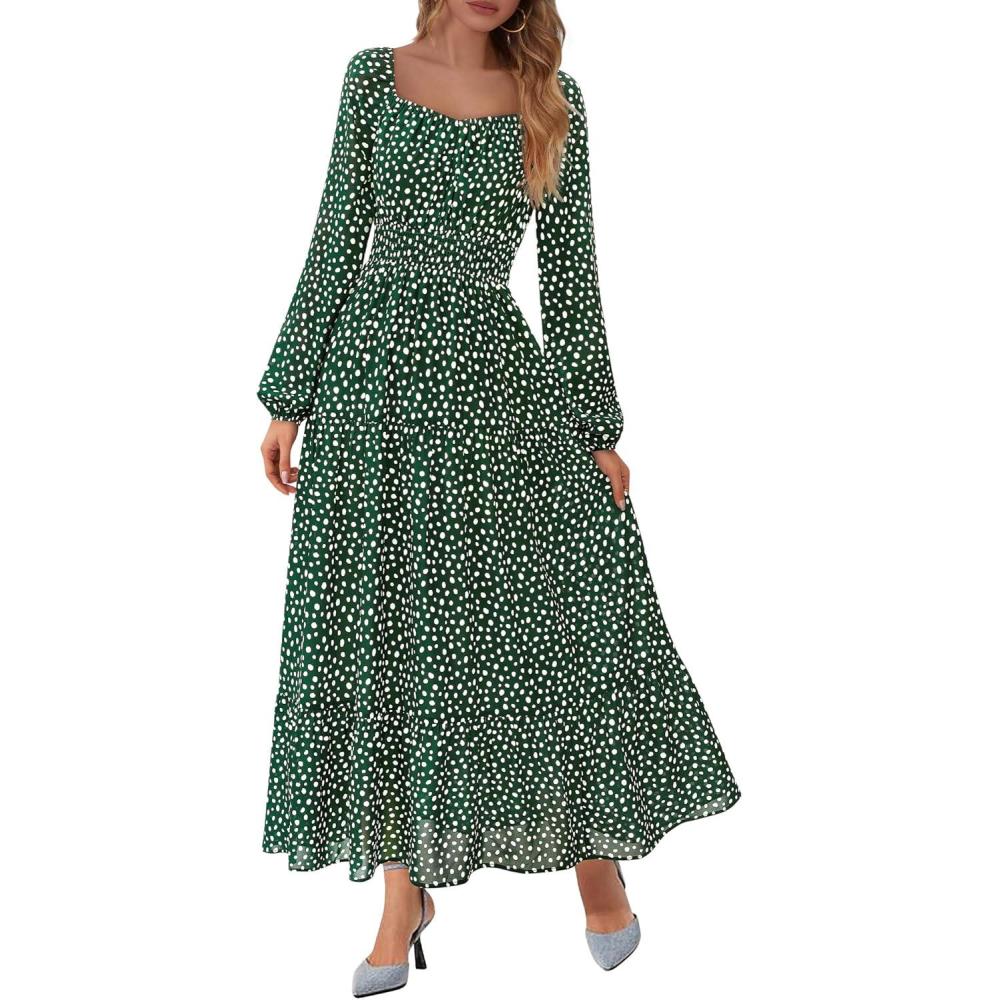 imageBTFBM Long Sleeve Dress for Women 2026 Spring Fall Boho Floral Square Neck Casual Flowy Long Wedding Guest Maxi DressesPolka Dot Green