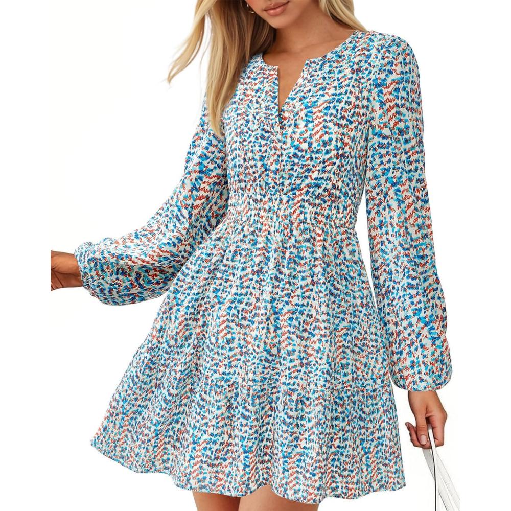 imageBTFBM Long Sleeve Dress for Women 2026 Spring Summer Mini Elastic Waist Floral Boho Beach Vacation Wedding Guest DressesFloral Blue White