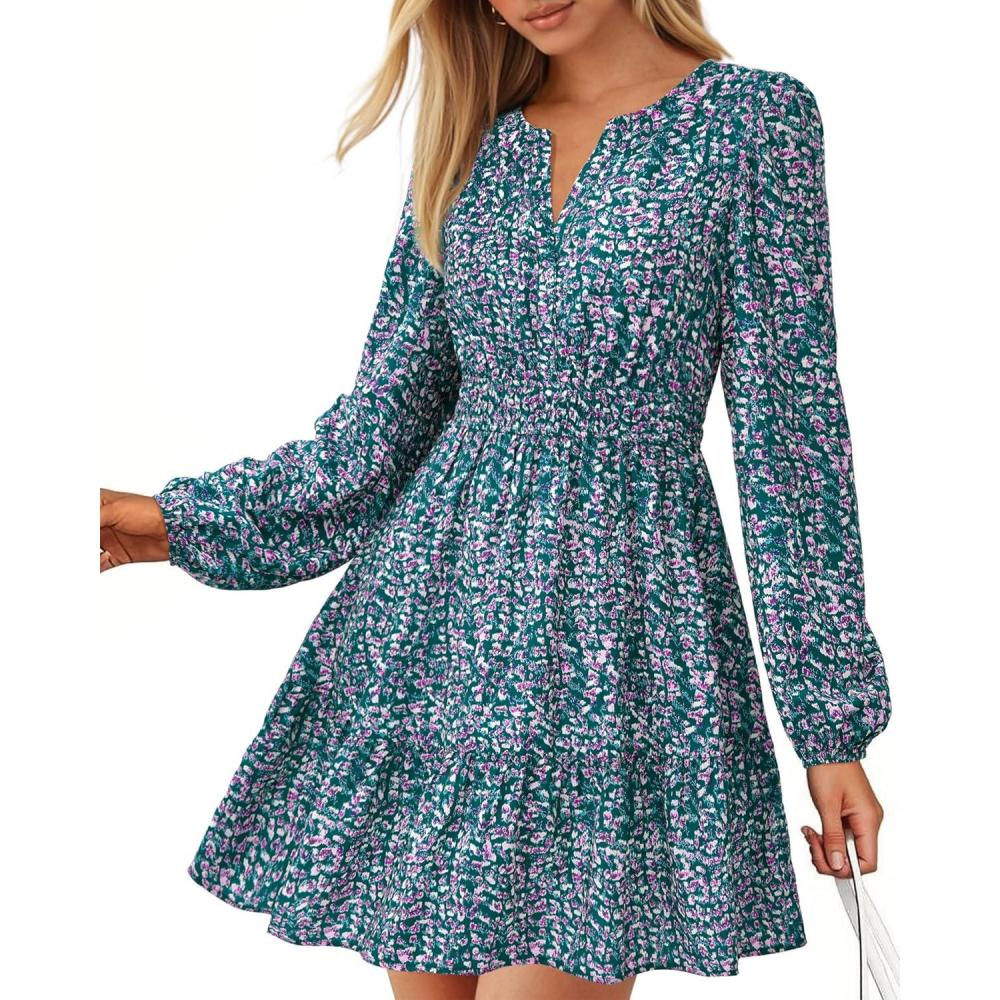 imageBTFBM Long Sleeve Dress for Women 2026 Spring Summer Mini Elastic Waist Floral Boho Beach Vacation Wedding Guest DressesFloral Purple Green