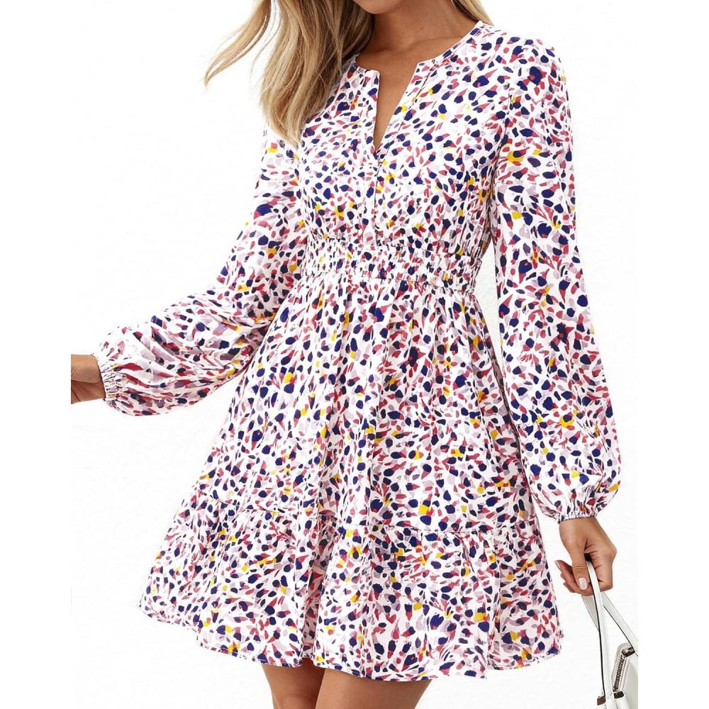 imageBTFBM Long Sleeve Dress for Women 2026 Spring Summer Mini Elastic Waist Floral Boho Beach Vacation Wedding Guest DressesFloral Purple Red