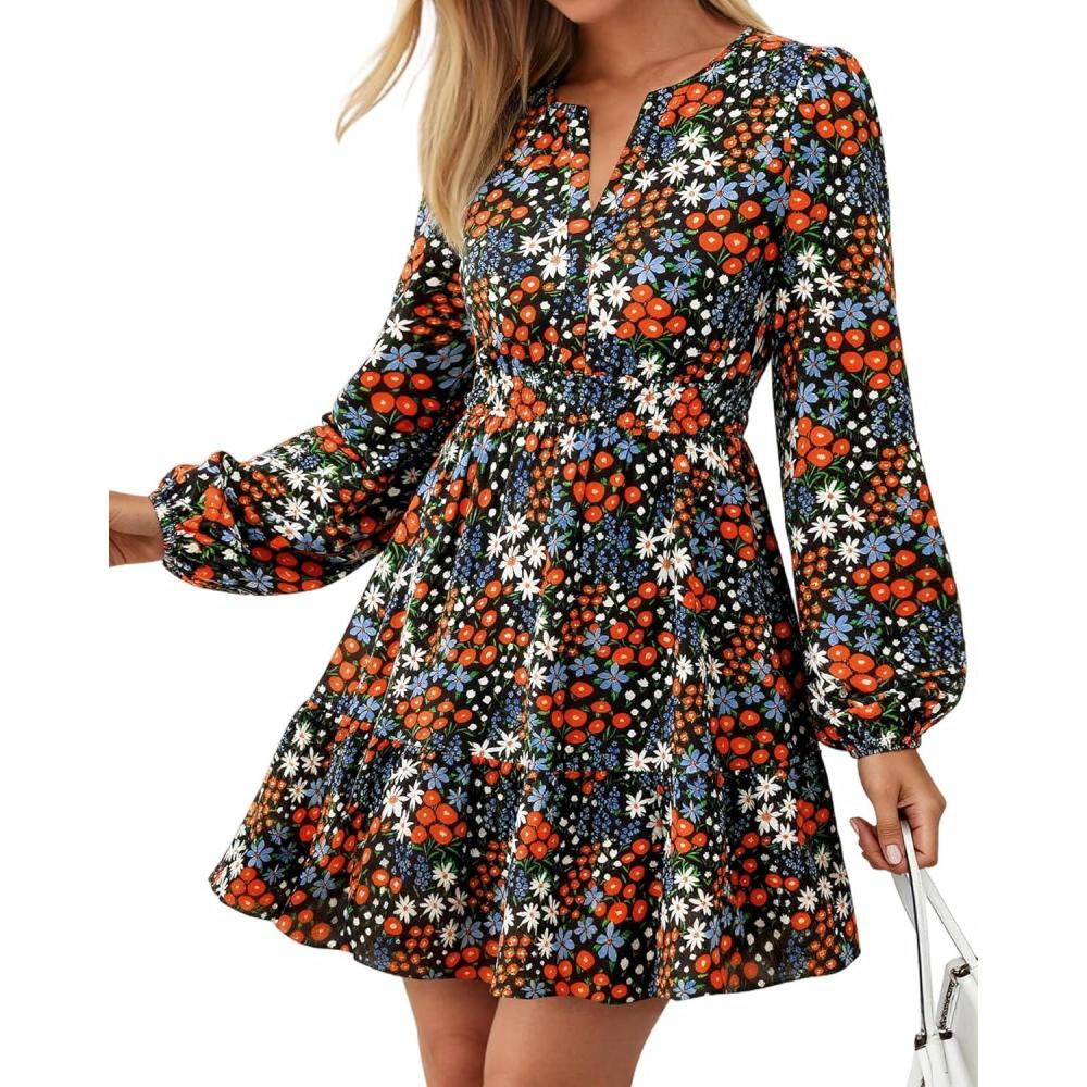 imageBTFBM Long Sleeve Dress for Women 2026 Spring Summer Mini Elastic Waist Floral Boho Beach Vacation Wedding Guest DressesMulti Black