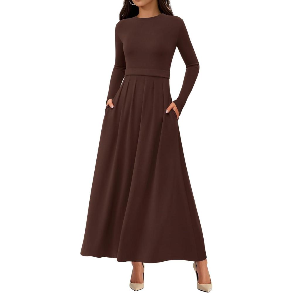 imageBTFBM Long Sleeve Dress for Women Spring Clothes 2026 Pockets Business Casual Pleated Fall Wedding Guest DressesBrown