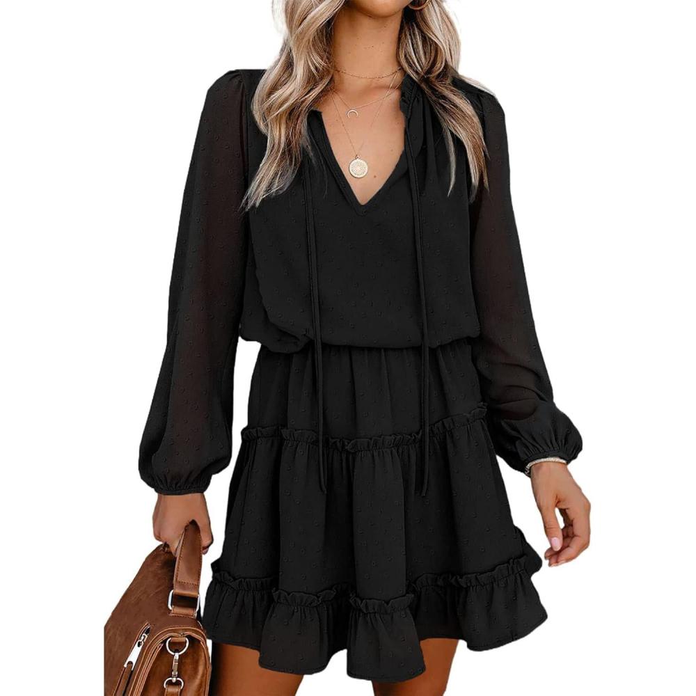 imageBTFBM Long Sleeve Fall Dresses for Women 2025 Summer Casual Tie Neck Ruffle Tiered A Line Wedding Guest Short Mini DressDot Black
