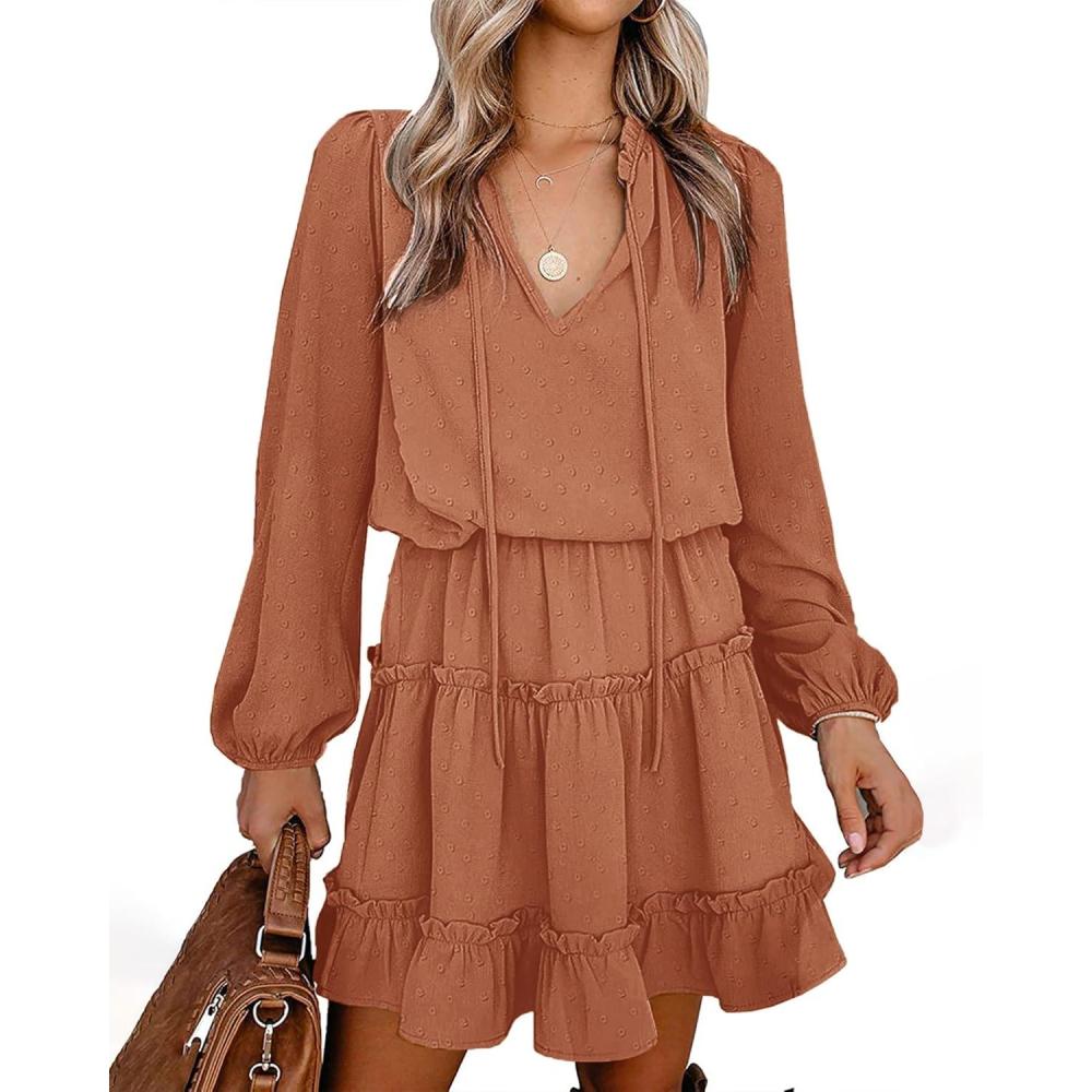imageBTFBM Long Sleeve Fall Dresses for Women 2025 Summer Casual Tie Neck Ruffle Tiered A Line Wedding Guest Short Mini DressDot Orange Yellow