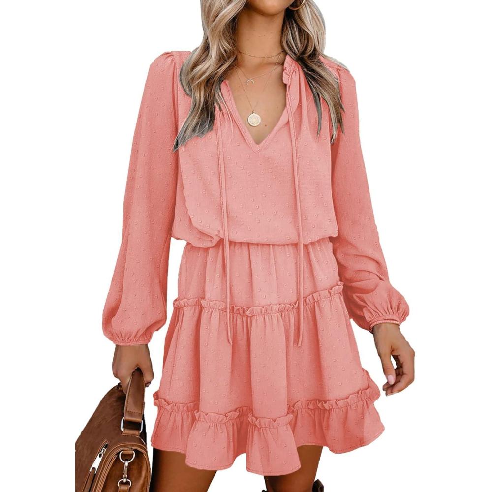 imageBTFBM Long Sleeve Fall Dresses for Women 2025 Summer Casual Tie Neck Ruffle Tiered A Line Wedding Guest Short Mini DressDot Pink