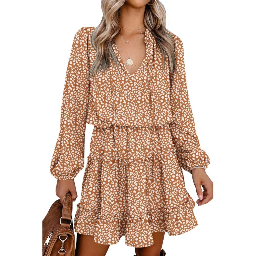 imageBTFBM Long Sleeve Fall Dresses for Women 2025 Summer Casual Tie Neck Ruffle Tiered A Line Wedding Guest Short Mini DressLeopard Coffee