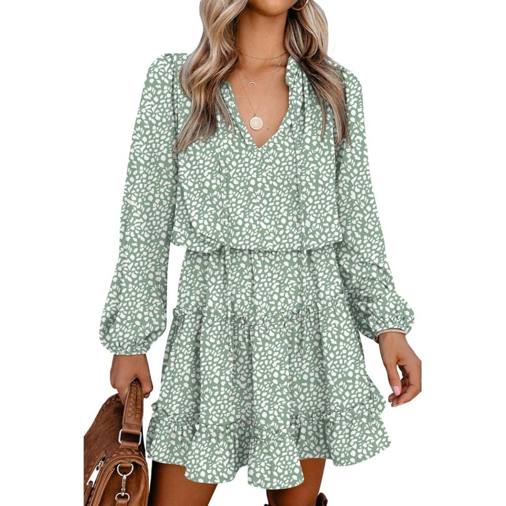 imageBTFBM Long Sleeve Fall Dresses for Women 2025 Summer Casual Tie Neck Ruffle Tiered A Line Wedding Guest Short Mini DressLeopard Light Green