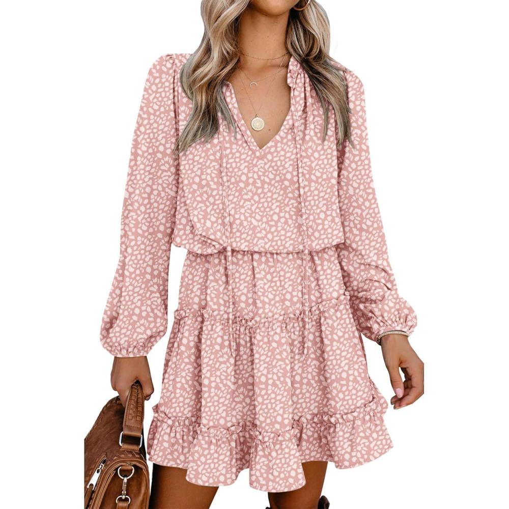 imageBTFBM Long Sleeve Fall Dresses for Women 2025 Summer Casual Tie Neck Ruffle Tiered A Line Wedding Guest Short Mini DressLeopard Pink